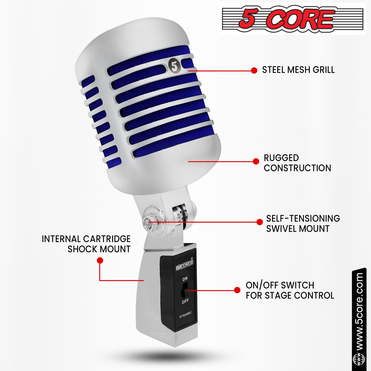 5 CORE Classic Retro Dynamic Vocal Microphone Old Vintage Style Unidirectional Chrome Cardioid Professional Noise Reduction Mic for Instrument Live Performance Prop Studio Recording - RTRO MIC CH BLU