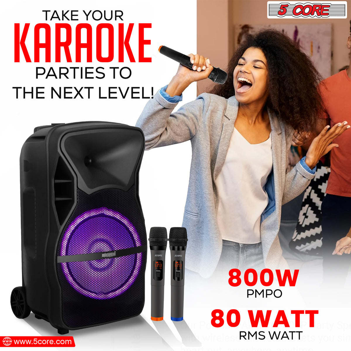 5 Core Party Speaker Portable PA System 2 Wireless Microphone Bluetooth Loud Big Subwoofer Active Powered DJ Karaoke Machine for Studio Indoor Outdoor Use Include Stand - ACTIVE HOME 15 2-MIC