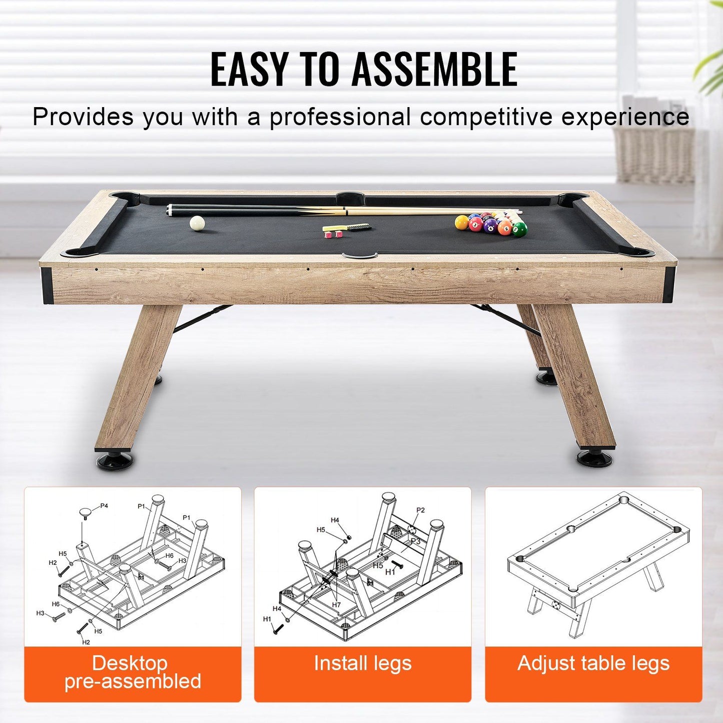 VEVOR Billiards Table, 7 ft Pool Table, Adjust Legs Stable Billiards Table, Pool Table Set Includes Balls, Cues