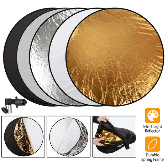 5 In 1 Photography Round Light Reflector Collapsible Multi Disc Light Diffuser w/ Storage Bag Translucent Silver Gold White Black 5 Colors Reflector Disc Holder Clip