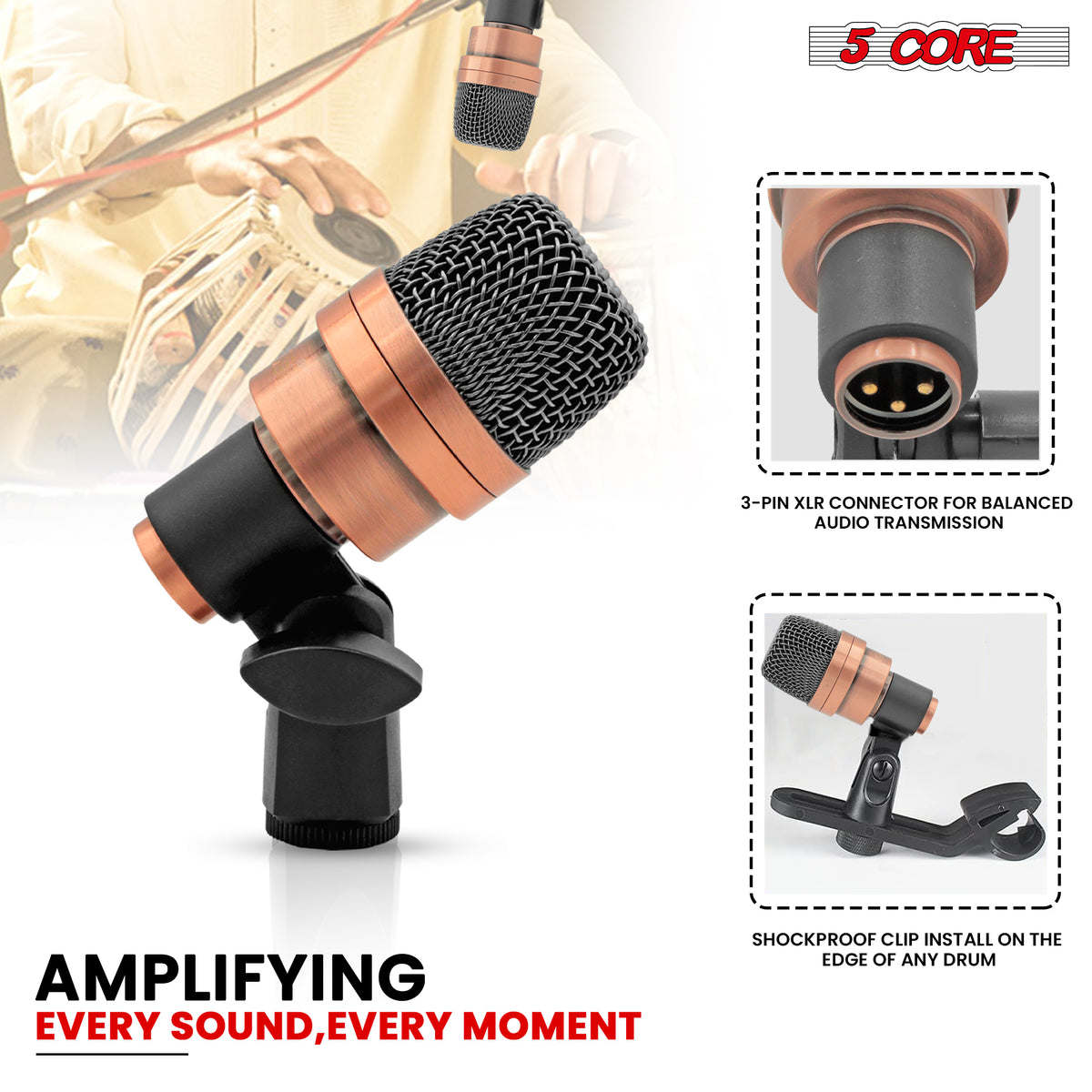 Tabla Mic High Sensitivity Snare Tom Instrument Microphone with Dynamic Moving Coil Uni-Directional Pick Up Pattern Swivel Mount Durable Steel Mesh Grille - 5 Core TABLA MIC 2XP COPPEREX