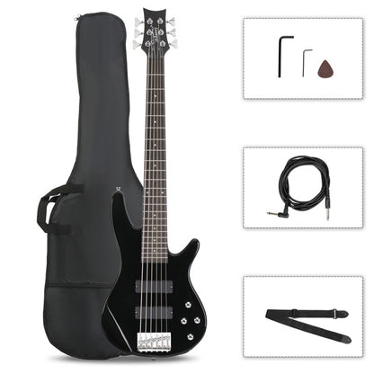 Glarry Full Size GIB 6 String H-H Pickup Electric Bass Guitar Bag Strap Pick Connector Wrench Tool Black