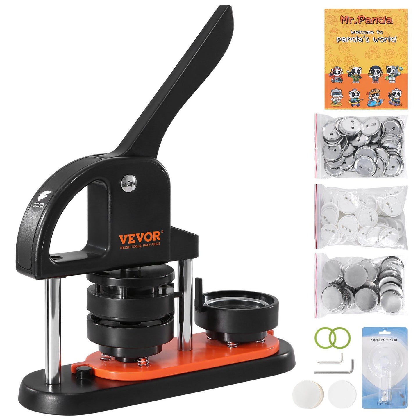 Button Maker Machine, 2.28 inch/58mm Pin Maker with 100pcs Button Parts, Ergonomic Arc Handle Punch Press Kit, Button Maker with Panda Magic Book, For Children DIY Gifts and Christmas