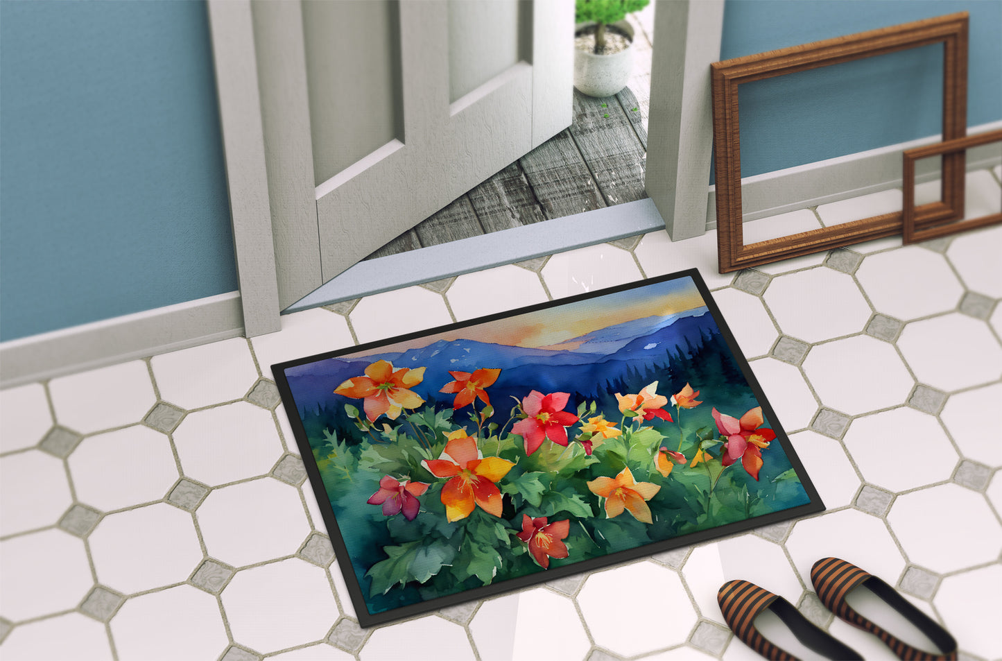 NEW Colorado Rocky Mountain Columbine in Watercolor Doormat Front Door Mat Indoor Outdoor Rugs for Entryway, Non Slip Washable Low Pile, 18H X 27W