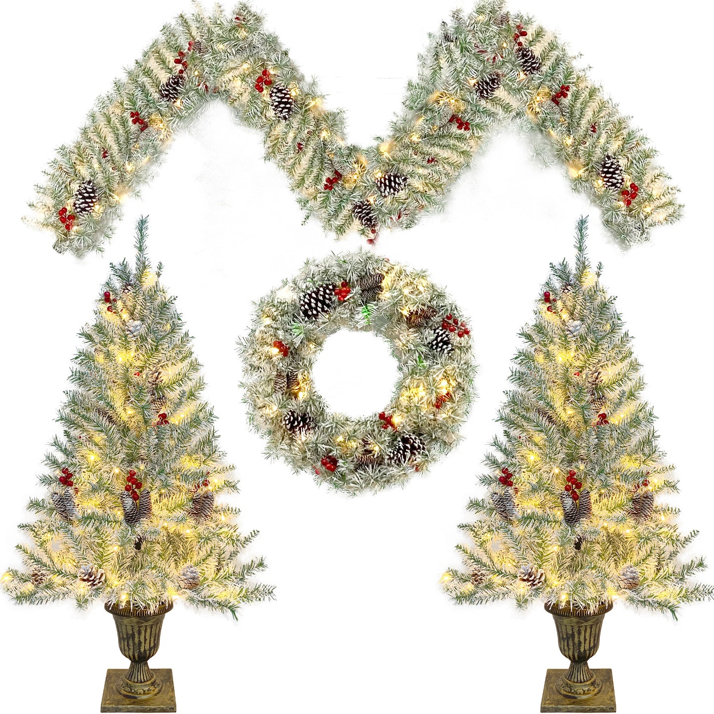 Pre-lit Xmas Tree Artificial Christmas 4-Piece Set,Garland, Wreath and Set of 2 Entrance Trees X-mas