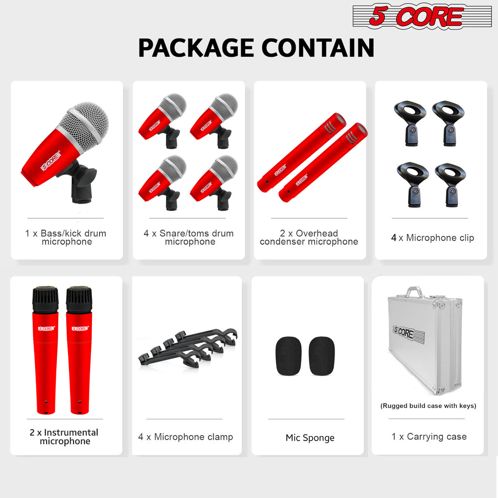5 Core Drum Microphone Kit 9 Piece Full Metal Dynamic Wired Drums Mic Set for Drummers w Kick Bass Tom Snare + Carrying Silver Case Sponge Thread Holder for Vocal & Other Instrument - DM 9RND