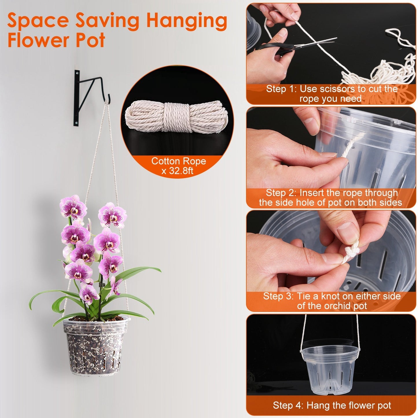 9Pcs Orchid Pots Clear Reusable Plastic Flower Plant Nursery Planter Seed Starter Pots with Drainage Holes with 32.8FT Rope