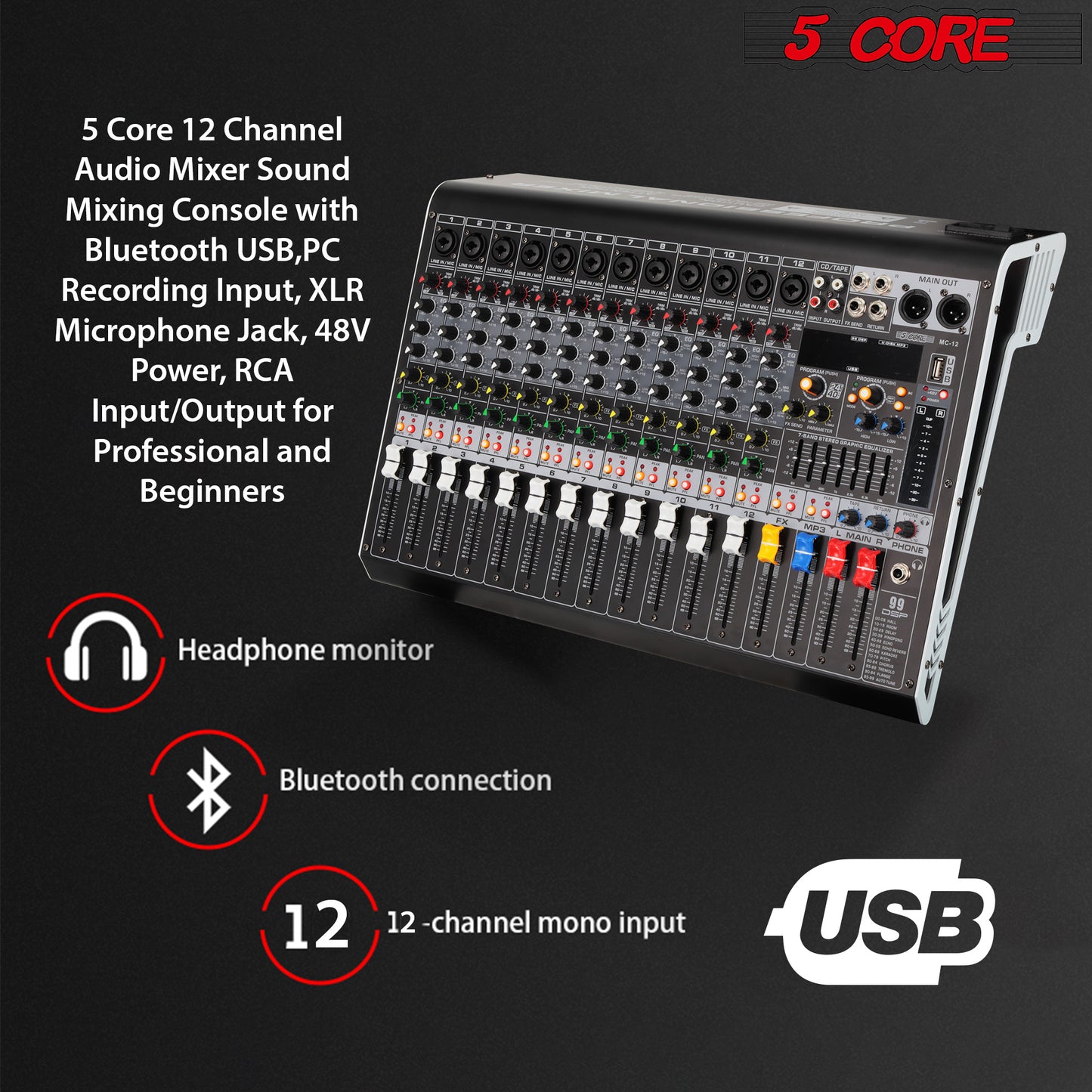 5 Core Audio Mixer 12 Channel DJ Equipment Digital Sound Board Karaoke XLR Mixers Professional Bluetooth USB Interface w Effects for Recording Music Studio PC Podcast Instrument Consola DJ - MX 12CH L