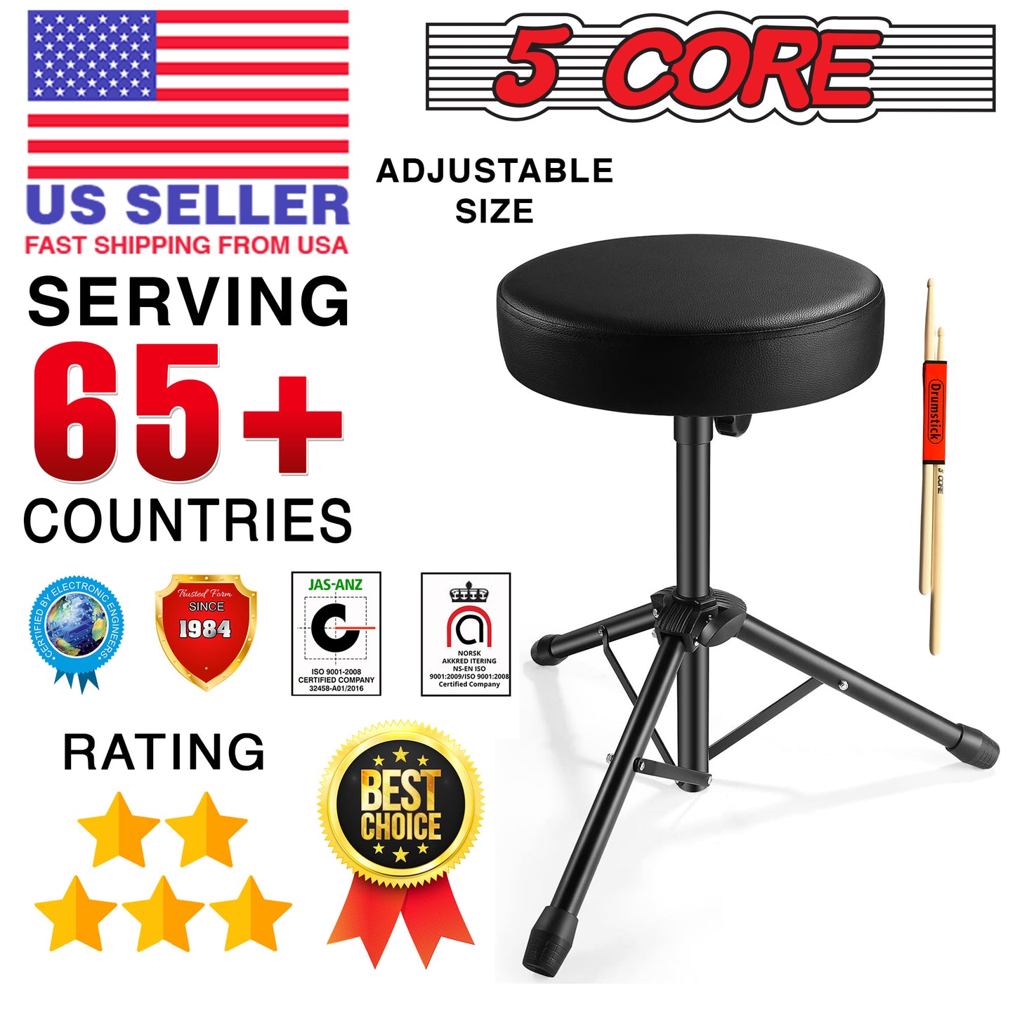 5 Core Drum Throne Height Adjustable Guitar Stool Thick Padded Memory Foam DJ Chair Seat with Anti Slip Feet Multipurpose Musician Chair for Adults and Kids Drummer Cello Guitar Player - DS 01 BLK