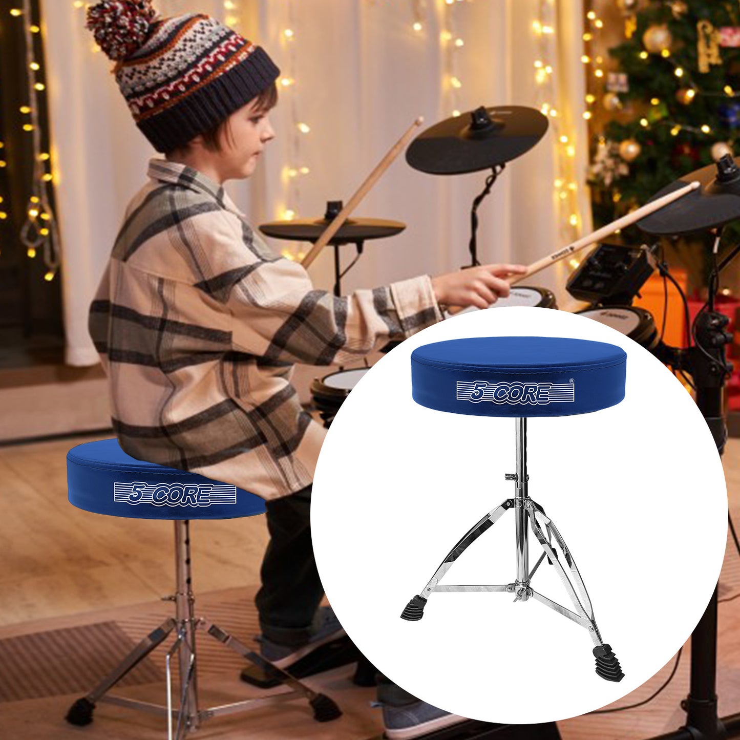 5 CORE Drum Throne Height Adjustable Guitar Stool Thick Padded Memory Foam DJ Chair Seat with Anti Slip Feet Multipurpose Musician Chair for Adults and Kids Drummer Cello Guitar Player - DS CH BLU