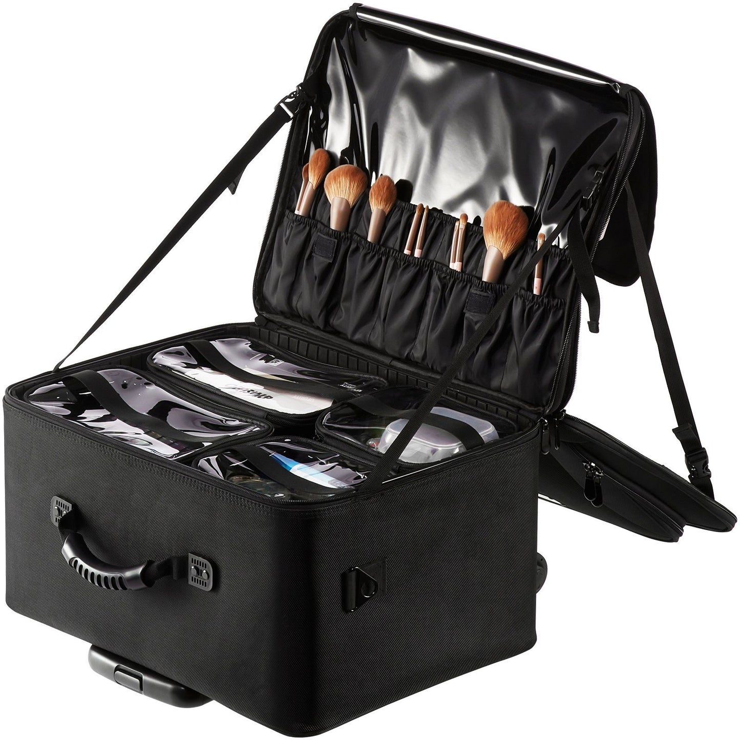 VEVOR Rolling Makeup Train Case Large Storage 3 Tiers, Convenient Carry with Handle, Wheels, Strap, Professional Makeup Storage Organizer