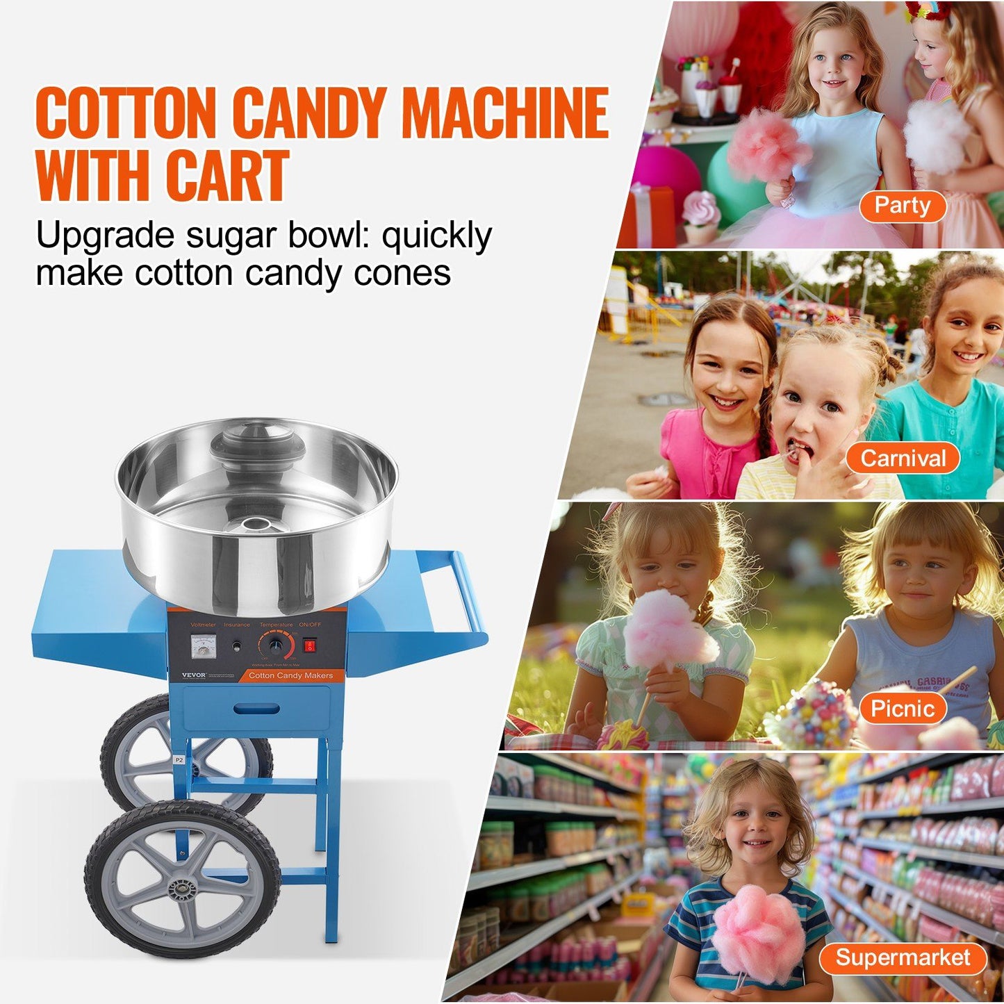 VEVOR Electric Cotton Candy Machine with Cart, 1000W Commercial Candy Floss Maker with Stainless Steel Bowl, Sugar Scoop and Drawer, Perfect for Home, Kids Birthday, Family Party, Blue