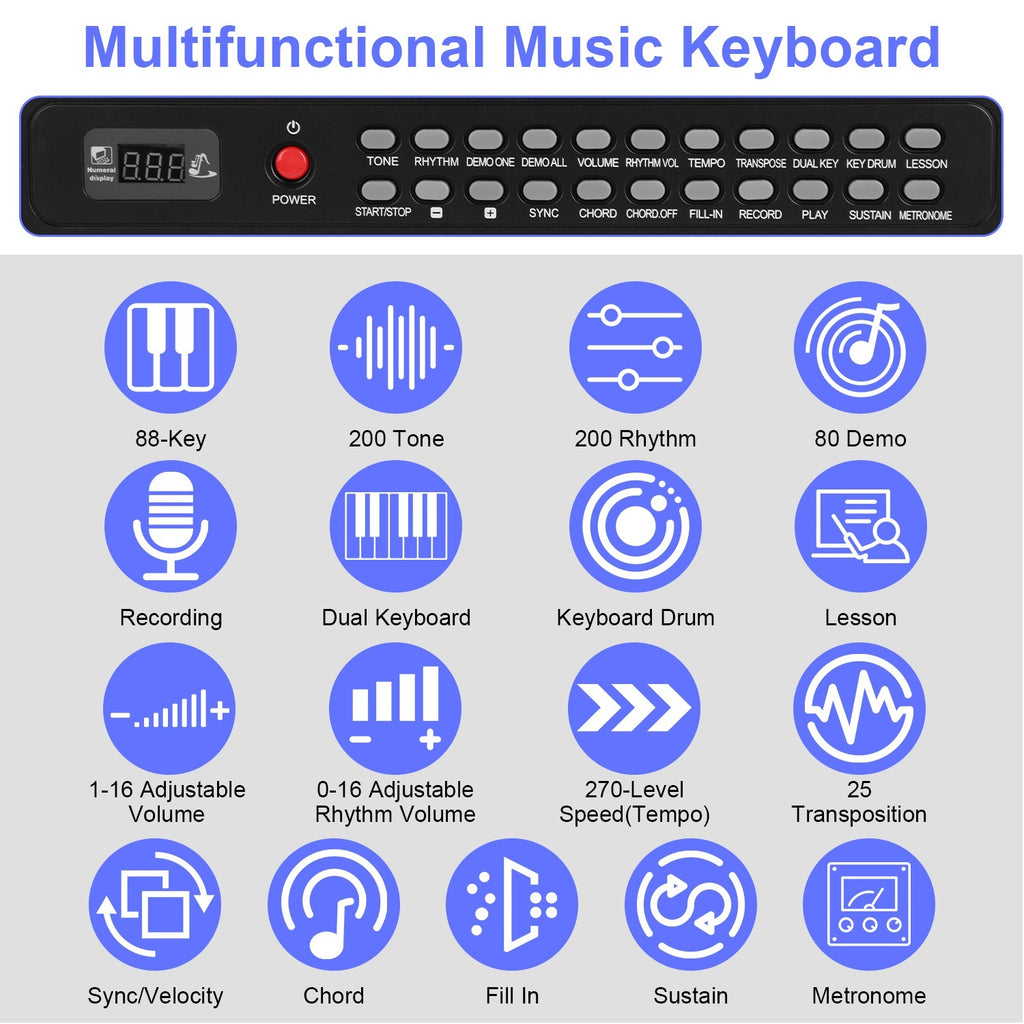 Folding Piano Keyboard 88 Keys Foldable Full Size Semi Weighted Piano Digital Electronic Piano with LCD Screen Carry Bag Mic Sheet Music Stand Sticker for Beginners Kids