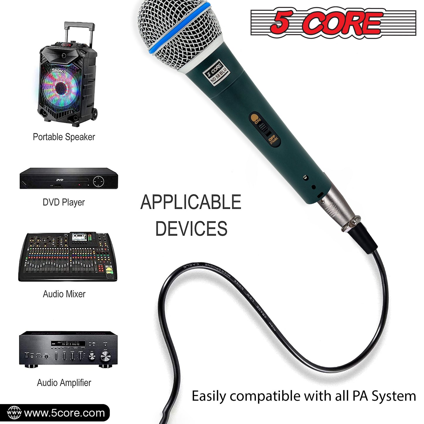 5 Core Professional Dynamic Vocal Microphone Neodymium Cardioid Unidirectional Handheld Mic for Speakers Karaoke W/Steel Mesh Grille Metal Body ON/Off Switch 16ft Detachable Cable+ Clip+Bag- ND58 BLU