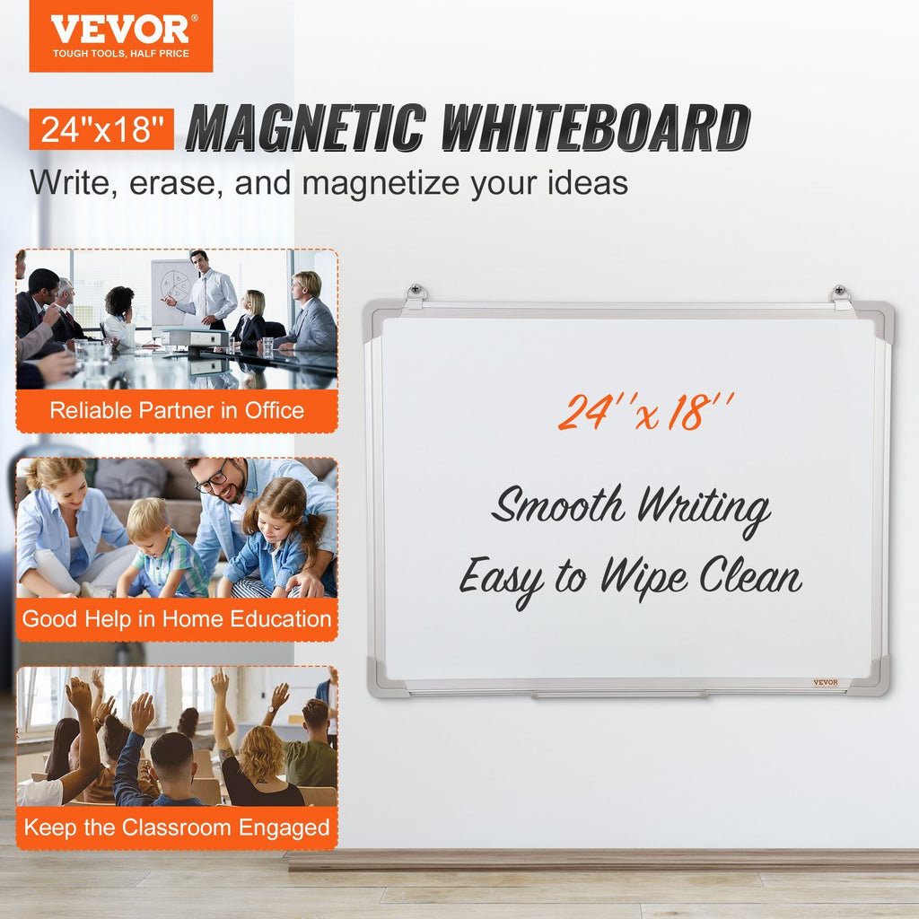 VEVOR Magnetic Whiteboard, 24 x 18 Inches, Dry Erase Board for Wall with Aluminum Frame, White Board Includes 1 Magnetic Erase & 2 Dry Erase Marker & Movable Tray for Office Home Restaurant and School