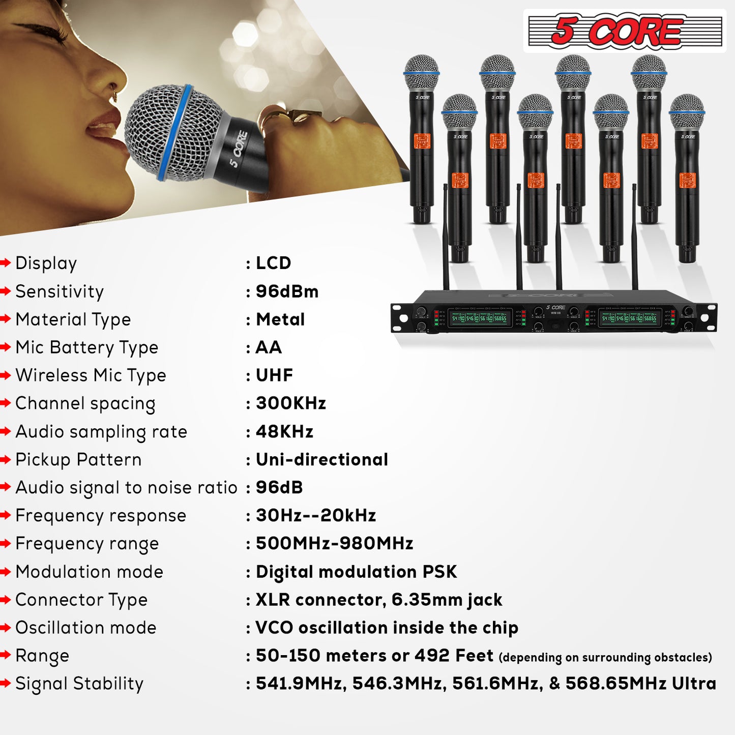 5 Core Wireless Microphones 8 Channel Dynamic Karaoke Professional UHF Singing Mic System Handheld Cordless Microfonos Inalambricos for Singer DJ Church - WM UHF HM