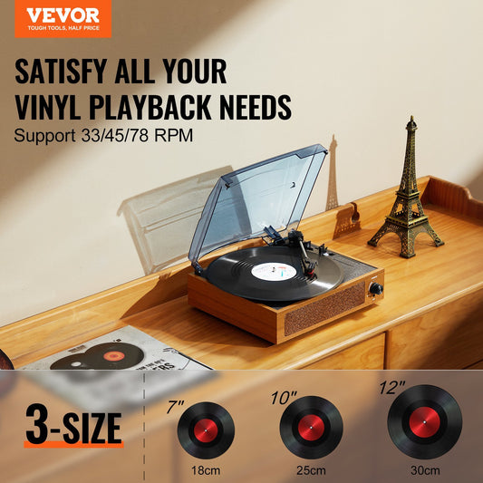 VEVOR Vinyl Record Player, 3-Speed, Belt Driven Turntable Record Player with Built-in 3W Speaker Magnetic Cartridge, Support 33/45/78 RPM Bluetooth Aux in RCA Output, for 7/10 /12 in Vinyl Records