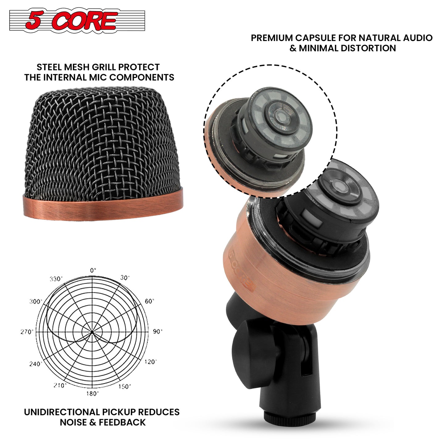 5 Core Drum Microphone Kit Copper Finish 3 Pieces Drumming Mics Full Metal Wired Dynamic Instrument Mic Set for Bass Tom Snare Cymbals - DM 7XP COPPEREX