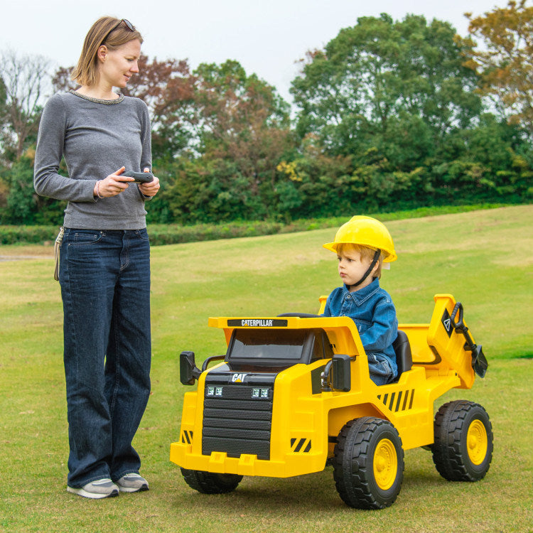 12V Caterpillar Licensed Kids Ride on Dump Truck with Tiltable Bump Bed