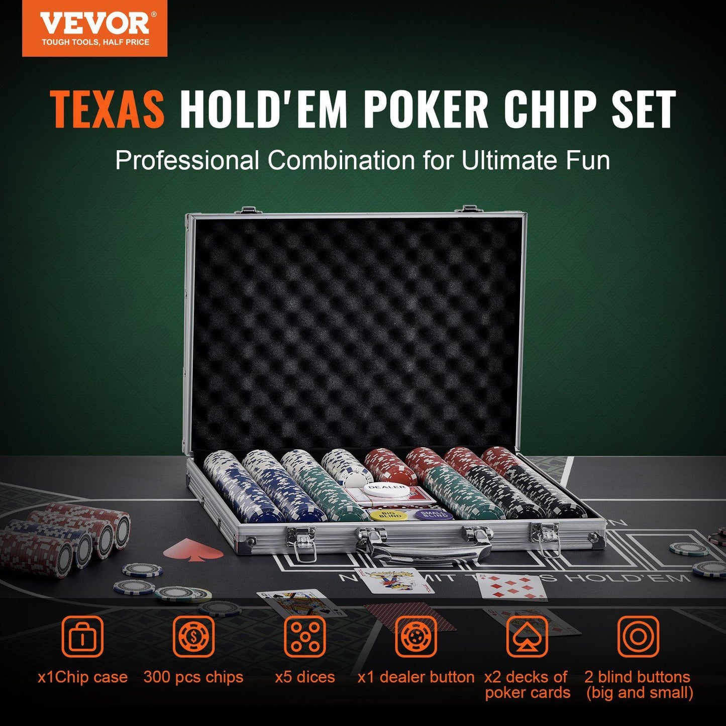 VEVOR Poker Chip Set, 300-Piece Poker Set, Complete Poker Playing Game Set with Aluminum Carrying Case, 11.5 Gram Casino Chips, Cards, Buttons and Dices, for Texas Hold'em, Blackjack, Gambling