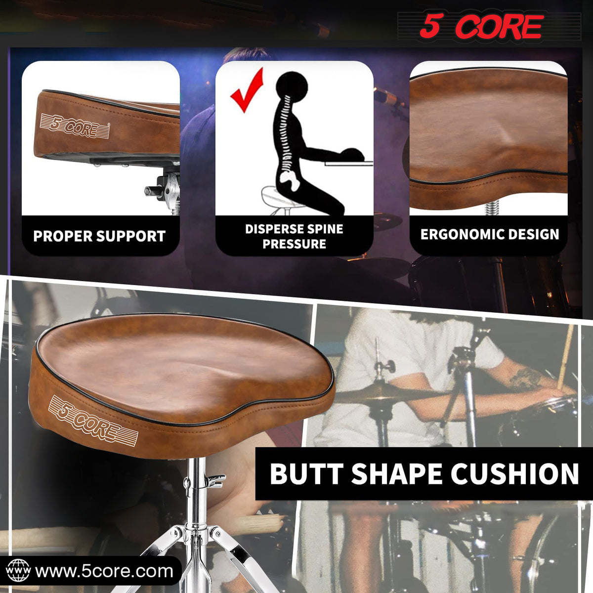 5 Core Drum Throne Saddle Brown| Height Adjustable Padded Drum Seat| Stools Chair Style with Double Braced Anti-Slip Feet, Comfortable Seat for Drummers, Guitar Players- DS CH BR SDL