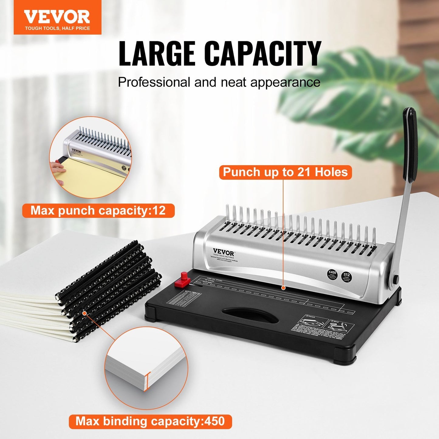 VEVOR Binding Machine, Comb Binding Machine 21-Holes Binding 450 Sheets, Book Binder Machine with 100 PCS 3/8'' Comb Binding Spines, for Letter Size, A4, A5