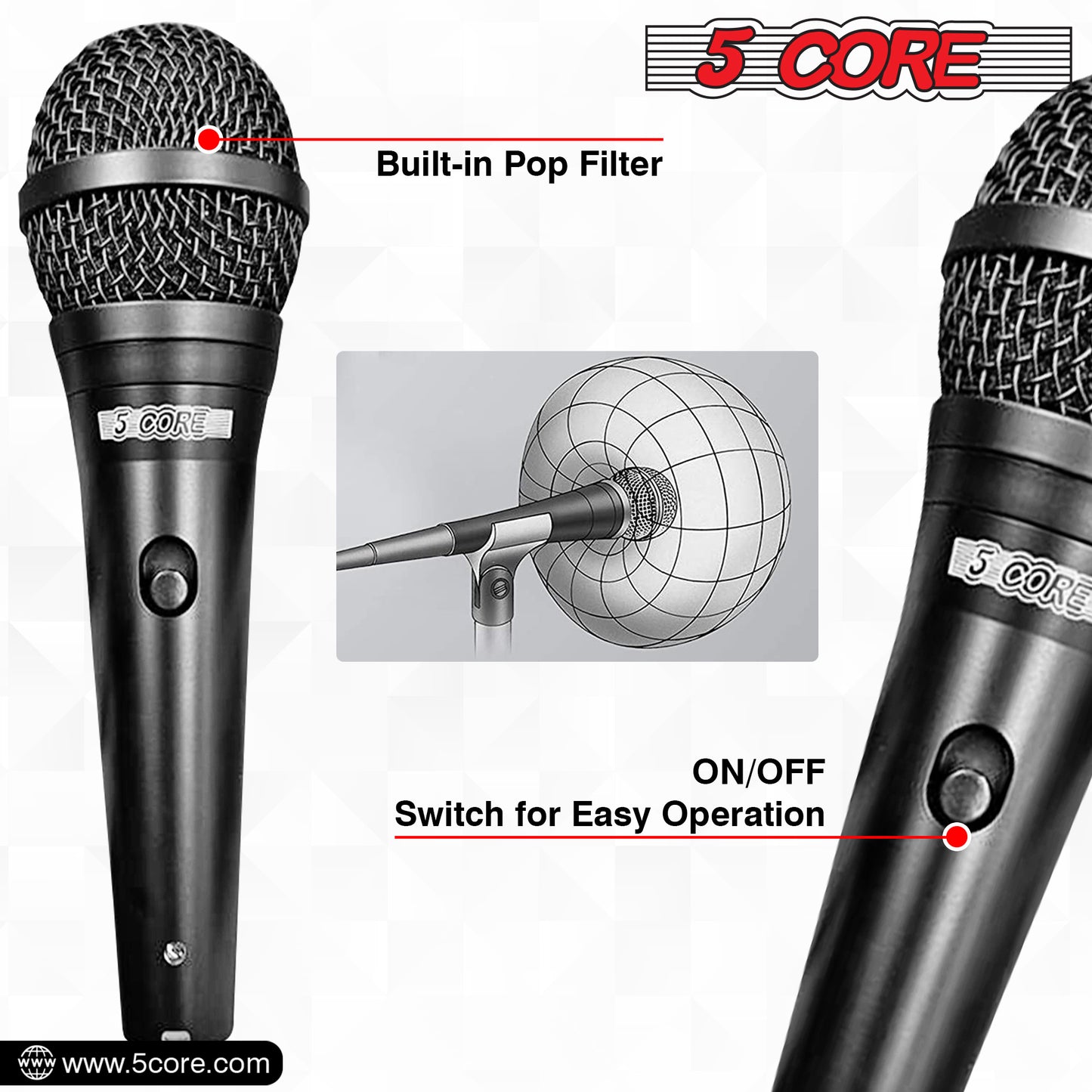 5 Core Microphone Professional Dynamic Vocal Neodymium Cardioid Unidirectional Handheld Mic for Speakers, Karaoke W/Steel Mesh Grille, Metal Body ON/Off Switch 16ft Detachable Cable+Clip+Bag-ND 58 BLK