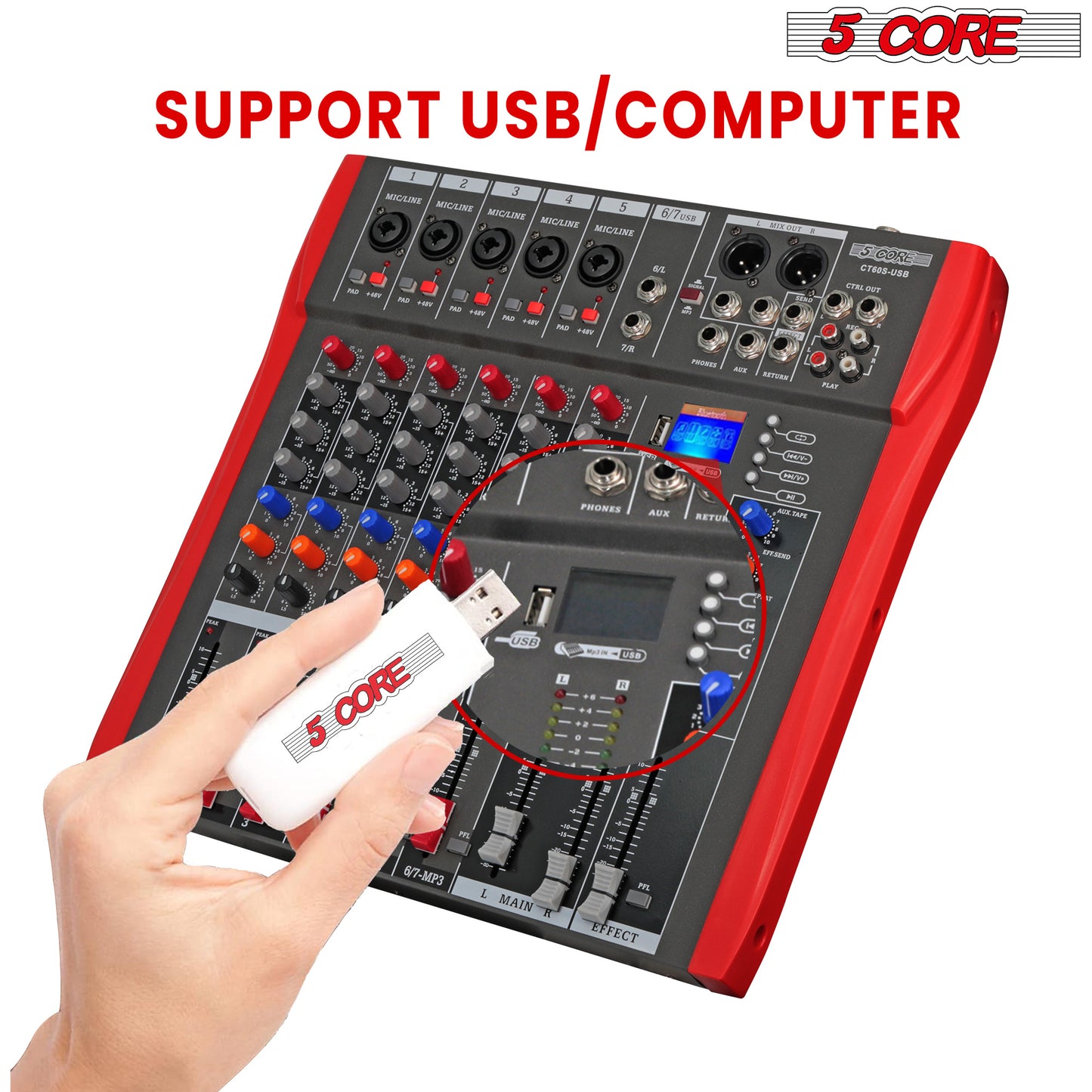 5 Core Audio Mixer DJ Equipment Digital Sound Board Karaoke XLR Mixers Professional 6 Channel Bluetooth USB w Effects for Recording Music Studio PC Podcast Instruments Consola De Sonido - MX 6CH