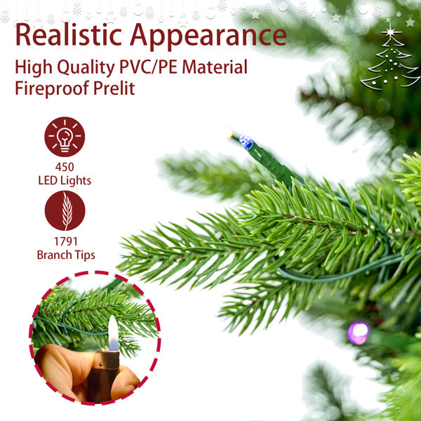 6.5ft Artificial Christmas Tree Prelit PE&PVC with Metal Stand,450 Bi-Colour LED Lights,1791 Branch Tips Green Everett Balsam Tree Easy Assembly for Indoor,Home 50 x 50 x 90 inches