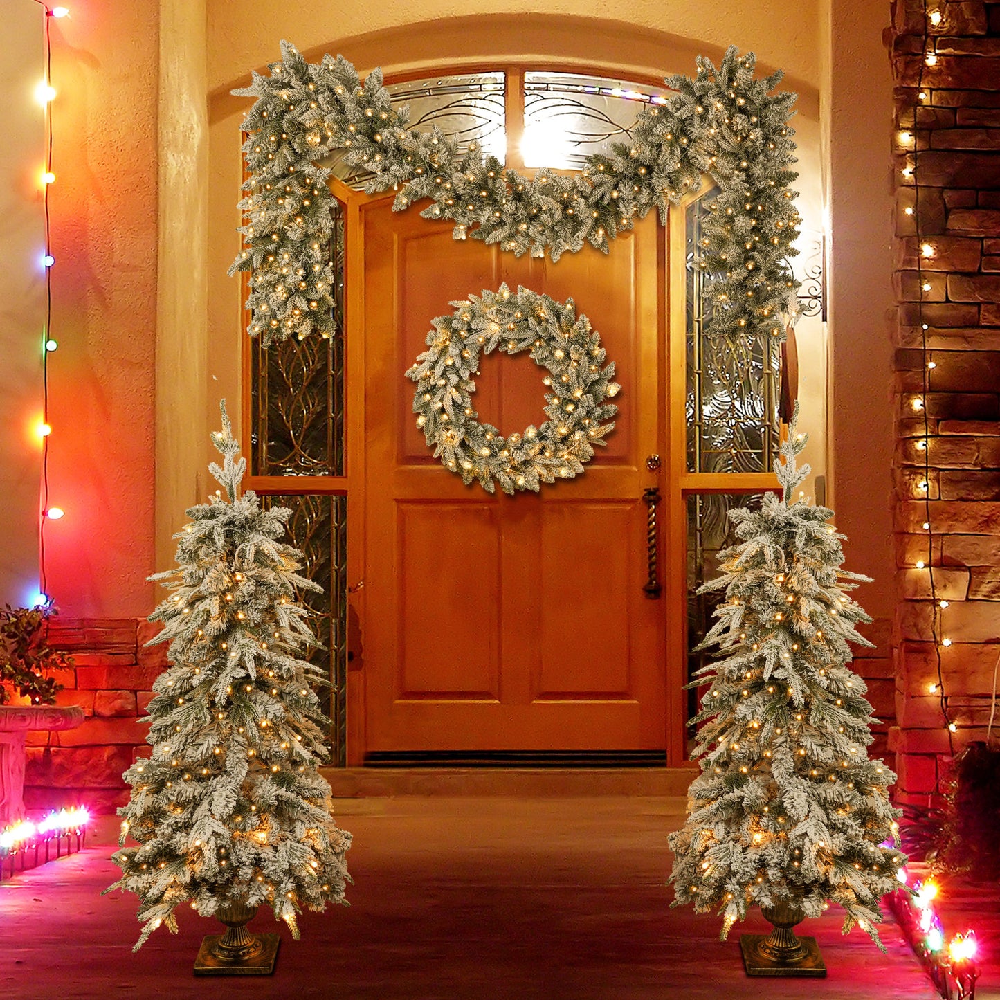 Pre-lit Christmas Artificial Tree 4-Piece Set, Garland, Wreath and Set of 2 Entrance Trees, X-mas with LED Lights, PVC Festival Celebration Set