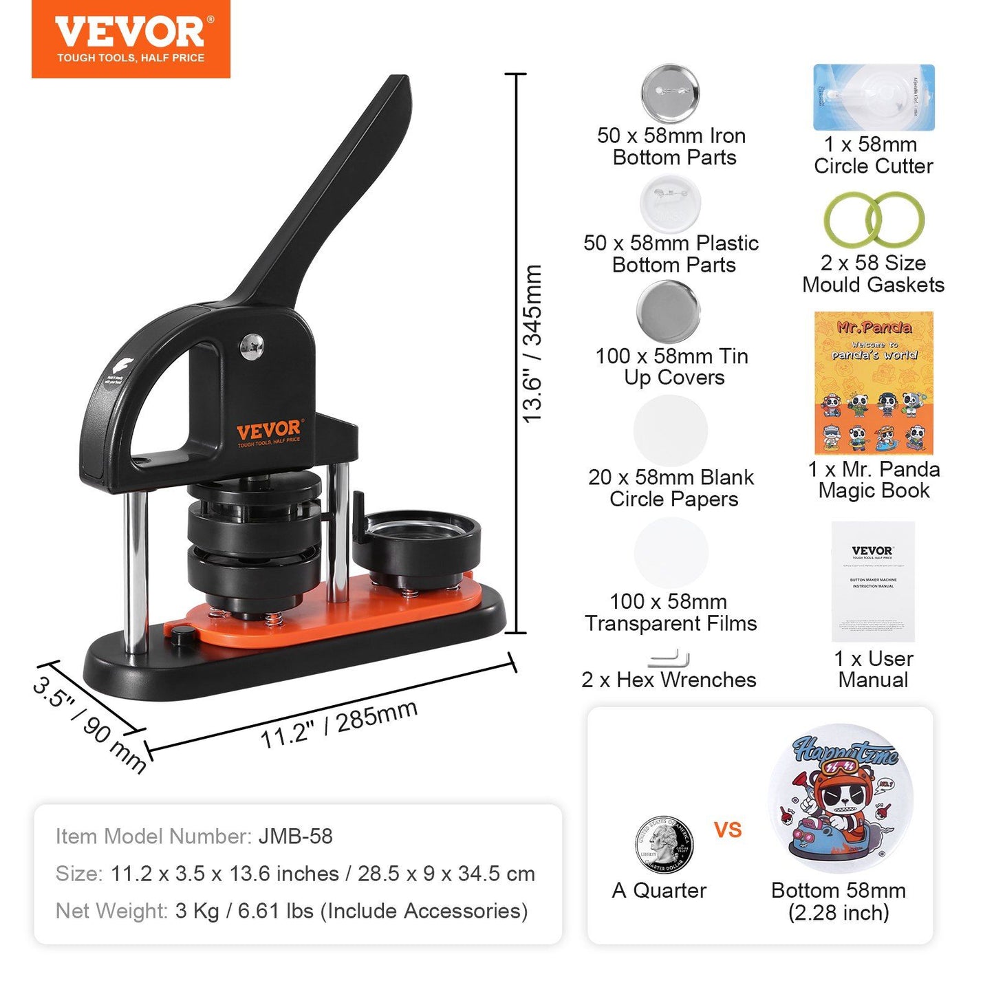 Button Maker Machine, 2.28 inch/58mm Pin Maker with 100pcs Button Parts, Ergonomic Arc Handle Punch Press Kit, Button Maker with Panda Magic Book, For Children DIY Gifts and Christmas