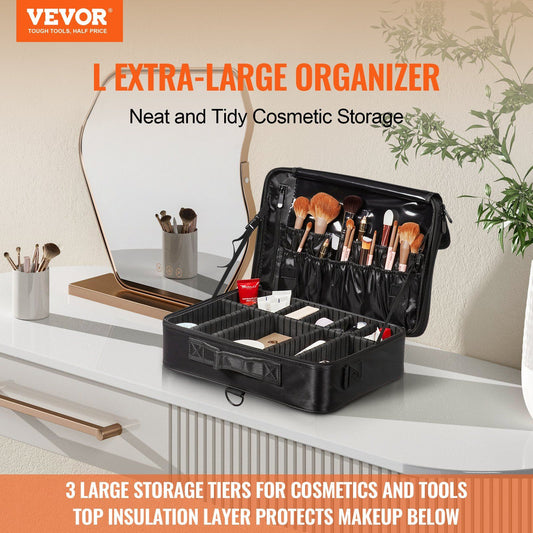 VEVOR Makeup Train Case Large Storage 3 Tiers, Convenient Carry with Handle, Strap, Professional Waterproof