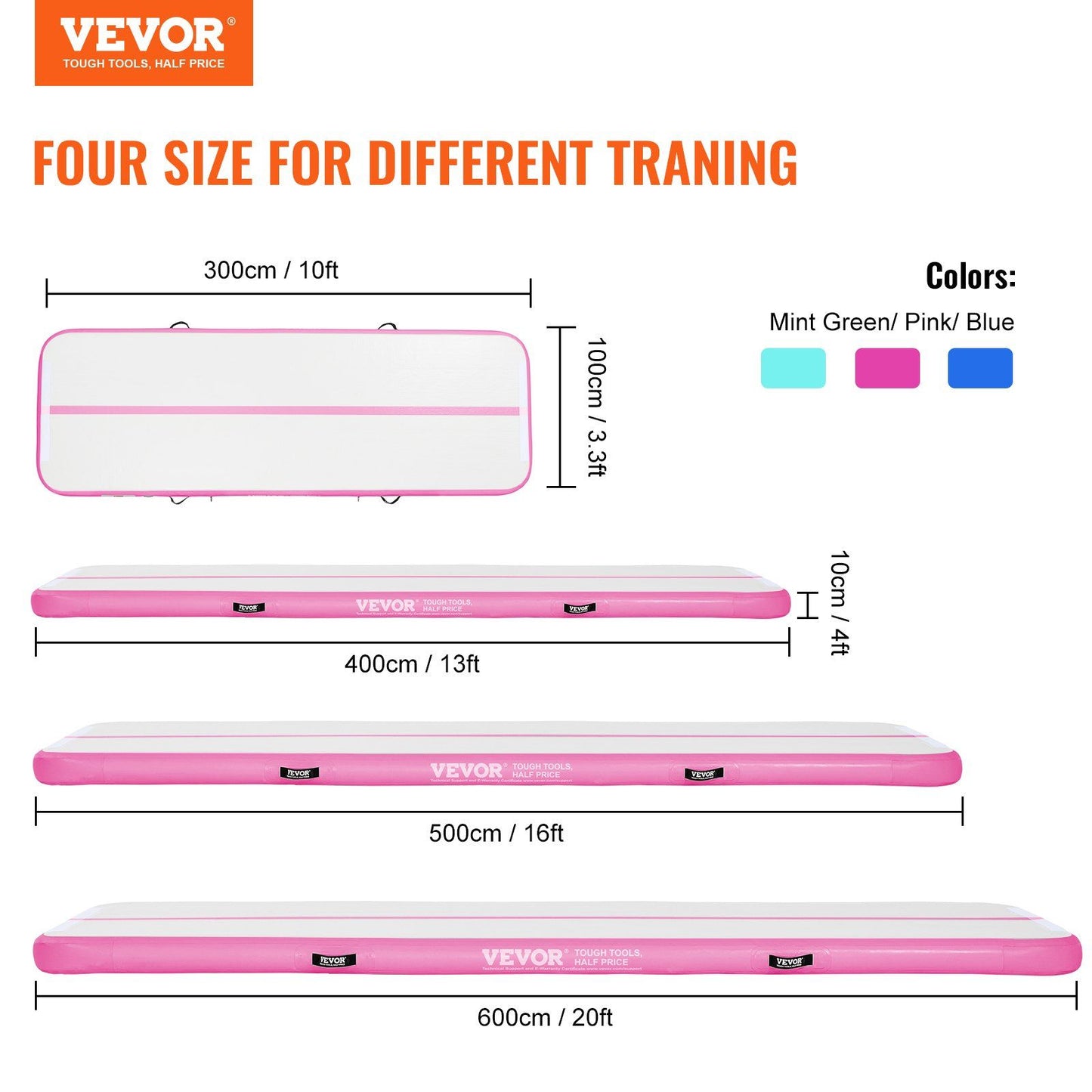 VEVOR Gymnastics Air Mat, 4 inch Thickness Inflatable Gymnastics Tumbling Mat, Tumble Track with Electric Pump, Training Mats for Home Use/Gym/Yoga/Cheerleading/Beach/Park/Water, 20 ft, Pink