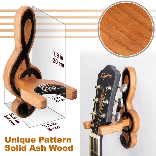 TESLYAR Guitar Holder Wall Mount Ash Wood Wooden Guitar Hanger Hook Stand Rack Guitar Hanger for Electric Classic Acoustic and Bass Guitar Musical Instruments Hardwood (Beige Musical key)