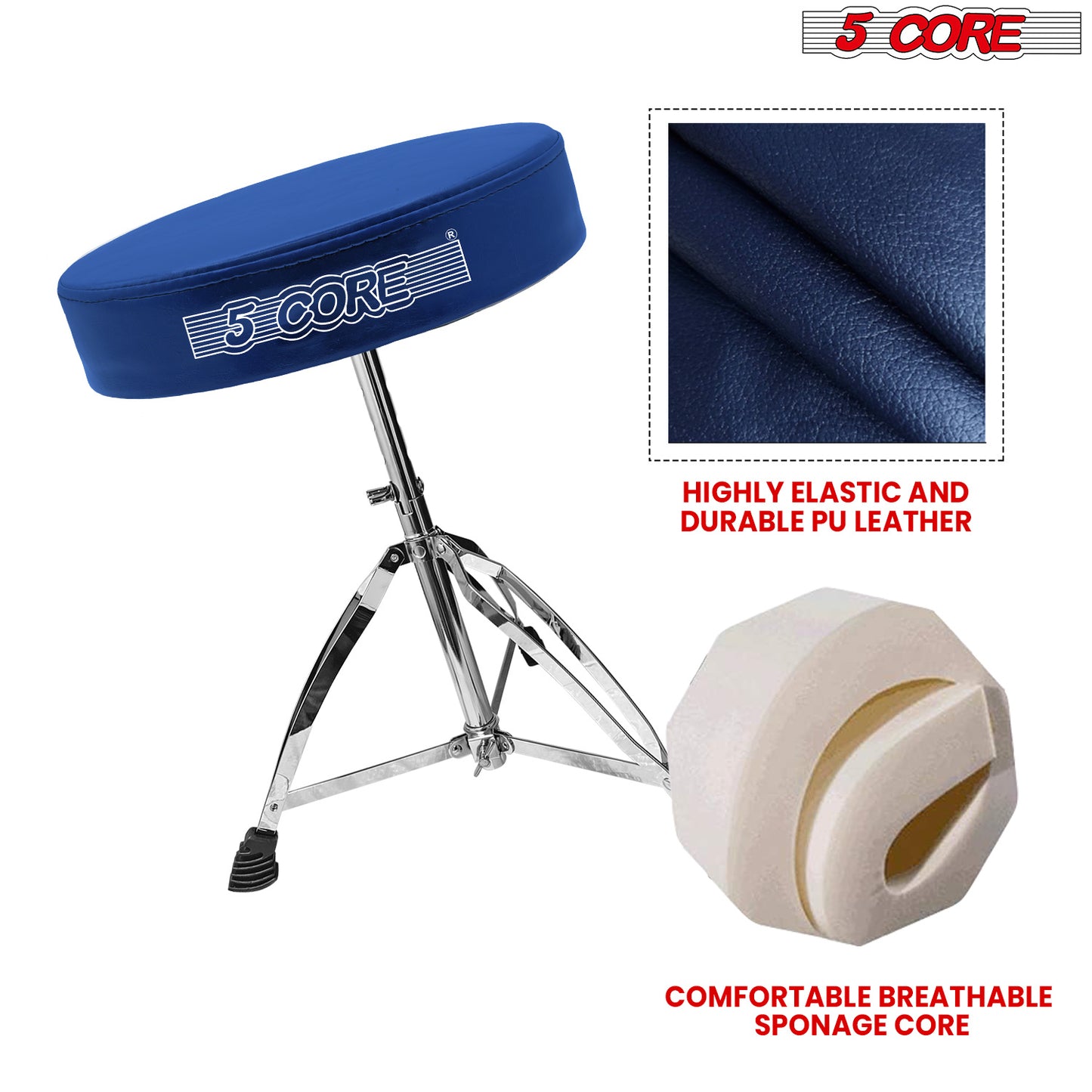 5 CORE Drum Throne Height Adjustable Guitar Stool Thick Padded Memory Foam DJ Chair Seat with Anti Slip Feet Multipurpose Musician Chair for Adults and Kids Drummer Cello Guitar Player - DS CH BLU