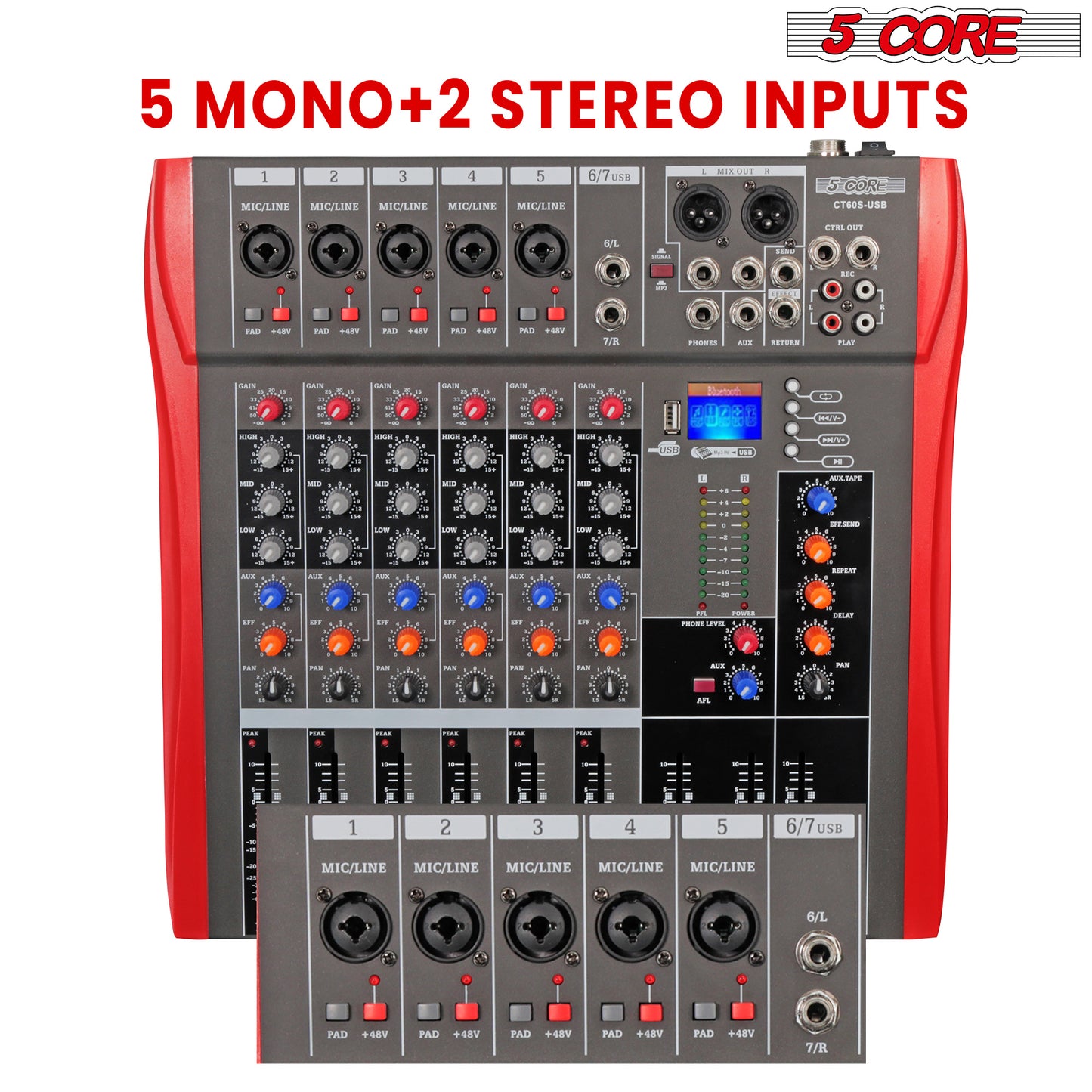 5 Core Audio Mixer DJ Equipment Digital Sound Board Karaoke XLR Mixers Professional 6 Channel Bluetooth USB w Effects for Recording Music Studio PC Podcast Instruments Consola De Sonido - MX 6CH