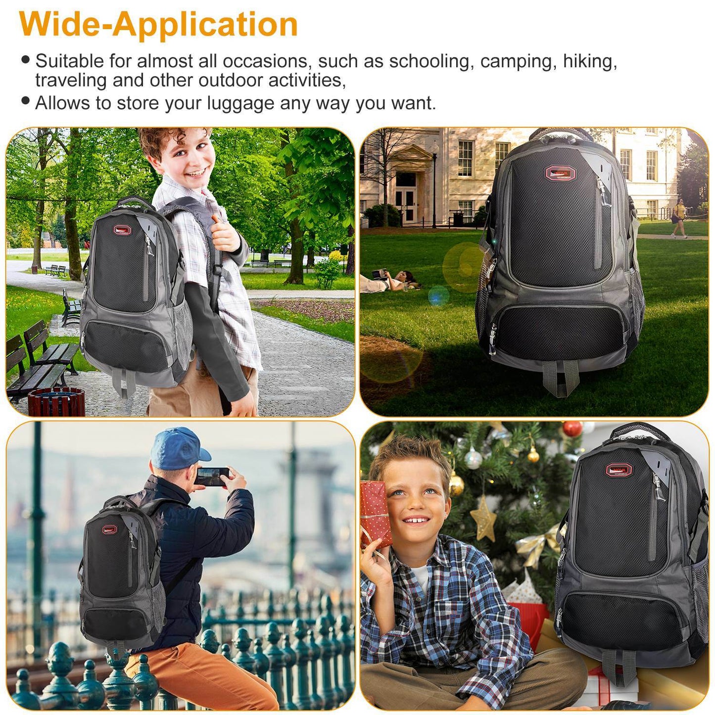 Unisex School Backpack Casual Travel Shoulder Bag W/ Adjustable Straps Dual-Water Bottle Pouch