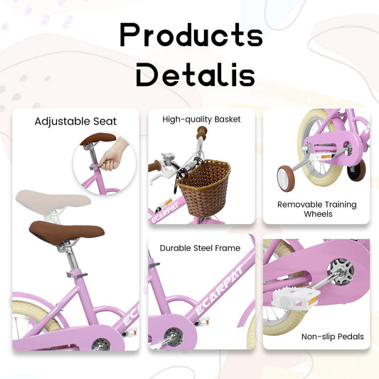 A14116 Ecarpat Kids'Bike Girls Bike 14 Inch Wheels,1-Speed Child Bicycles For 2-4 Years,With Removable Training Wheels Baby Toys,Front V Brake,Rear Holding Brake