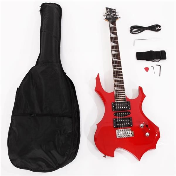 Glarry Flame Shaped Electric Guitar with 20W Electric Guitar Sound HSH Pickup Novice Guitar Audio Bag Strap Picks Shake Cable Wrench Tool Red