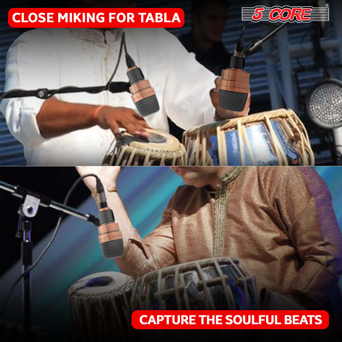 Tabla Mic High Sensitivity Snare Tom Instrument Microphone with Dynamic Moving Coil Uni-Directional Pick Up Pattern Swivel Mount Durable Steel Mesh Grille - 5 Core TABLA MIC 2XP COPPEREX