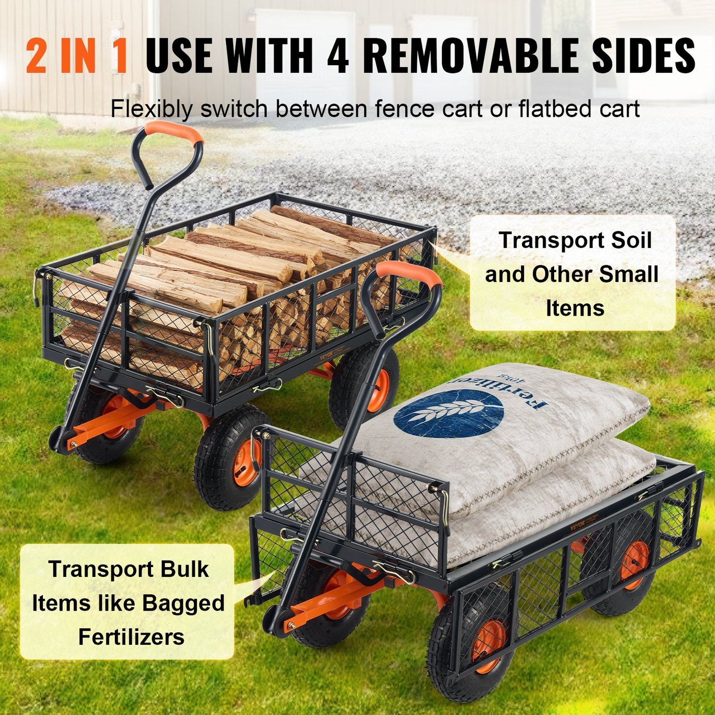 VEVOR Dump Cart, Metal Garden Dump Cart with Easy to Assemble Frame, Dump Wagon with 2-in-1 Convertible Handle, Utility Wheelbarrow 400 lbs Capacity, 10 inch Tires