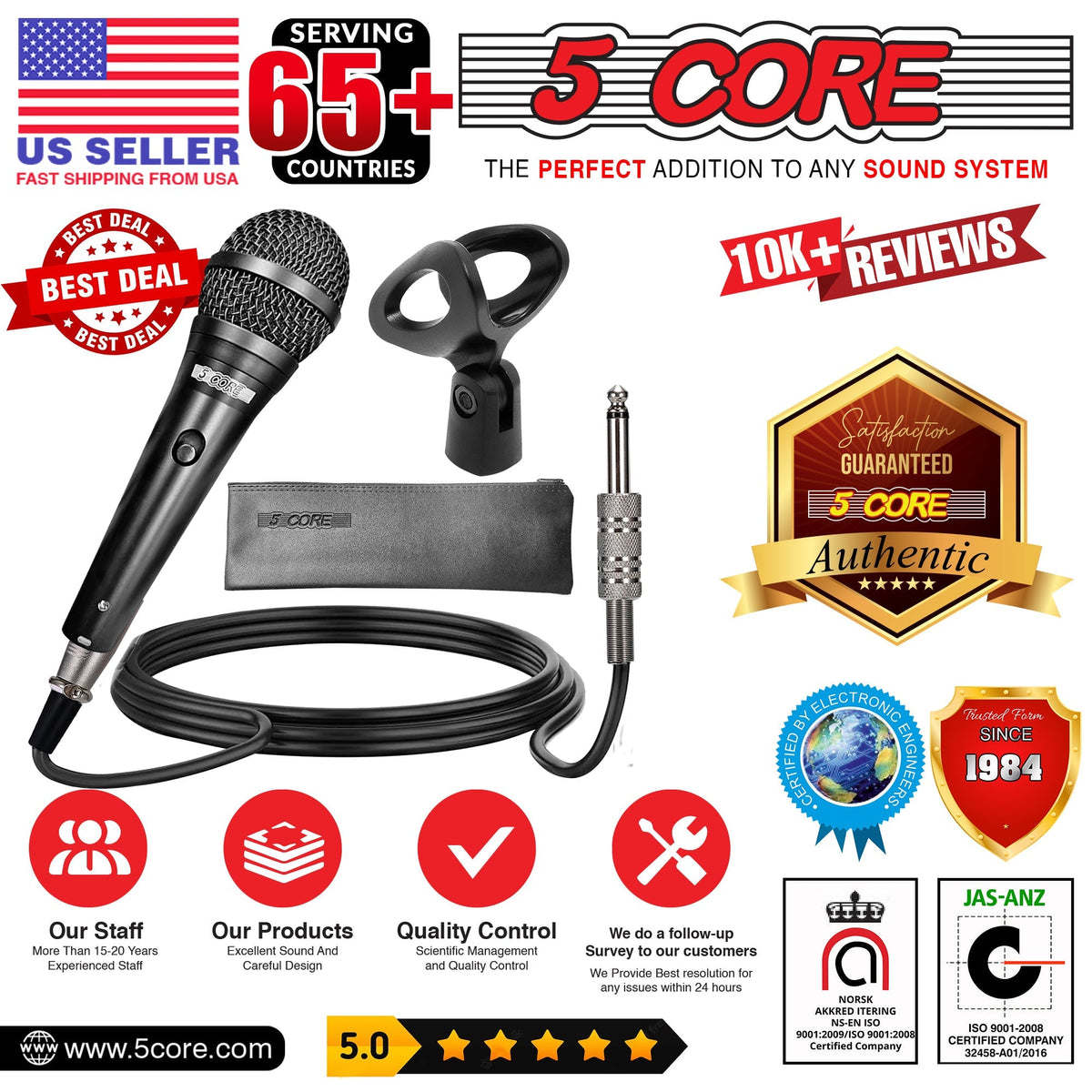 5 Core Microphone Professional Dynamic Vocal Neodymium Cardioid Unidirectional Handheld Mic for Speakers, Karaoke W/Steel Mesh Grille, Metal Body ON/Off Switch 16ft Detachable Cable+Clip+Bag-ND 58 BLK