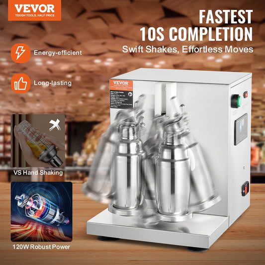 VEVOR Milkshake Maker Machine, 120W Commercial Milk Tea Shaker Machine, Double Head Milk Shake Mixer Machine, 0-180s Adjustable Milkshake Blender, with 750 ml Stainless Steel Cup, for Milk Tea Store