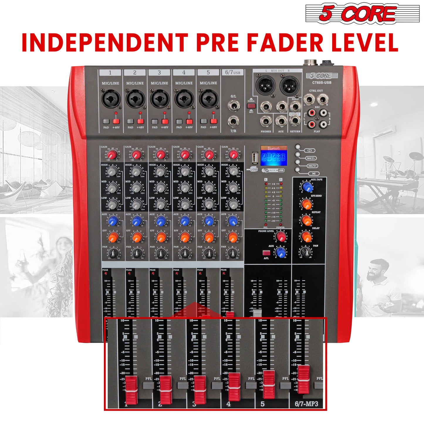 5 Core Audio Mixer DJ Equipment Digital Sound Board Karaoke XLR Mixers Professional 6 Channel Bluetooth USB w Effects for Recording Music Studio PC Podcast Instruments Consola De Sonido - MX 6CH