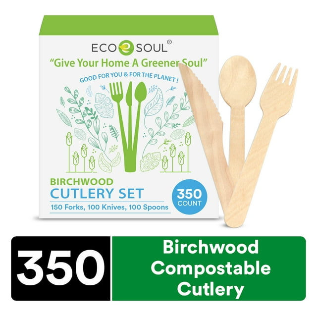 ECO SOUL 100% Compostable Cutlery 350 Count Disposable Wooden Cutlery Set I 100% Natural, Sturdy, Eco-Friendly, Utensils Set I Biodegradable (150 Fork, 100 Spoon, 100 Knife)