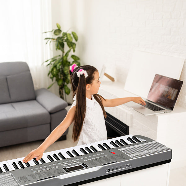 GEP-110 61 Key Lighting Keyboard with Piano Stand, Piano Bench, Built In Speakers, Headphone, Microphone, Music Rest, LED Screen, 3 Teaching Modes for Beginners