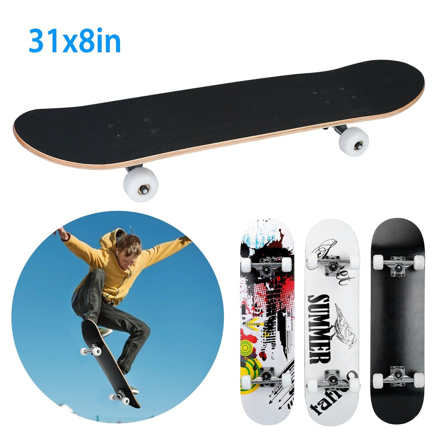 31x8in Skateboards Complete Standard Skate Boards For Girls Boys Beginner 9 Layers Maple Concave Skateboard For Kids Youth Teens