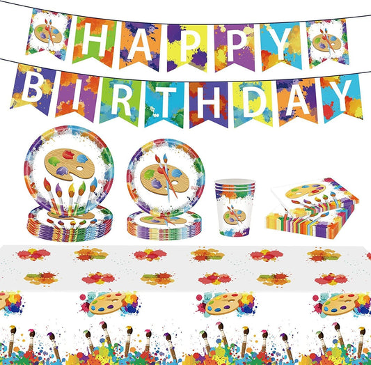 Art Painting Paper Plates Serves 20 Guests Baby Showers Birthday Party Supplies Set Disposable Party Tableware for Kids Dinner Plates, Napkins, Cup 92PCS(Shipment from FBA)