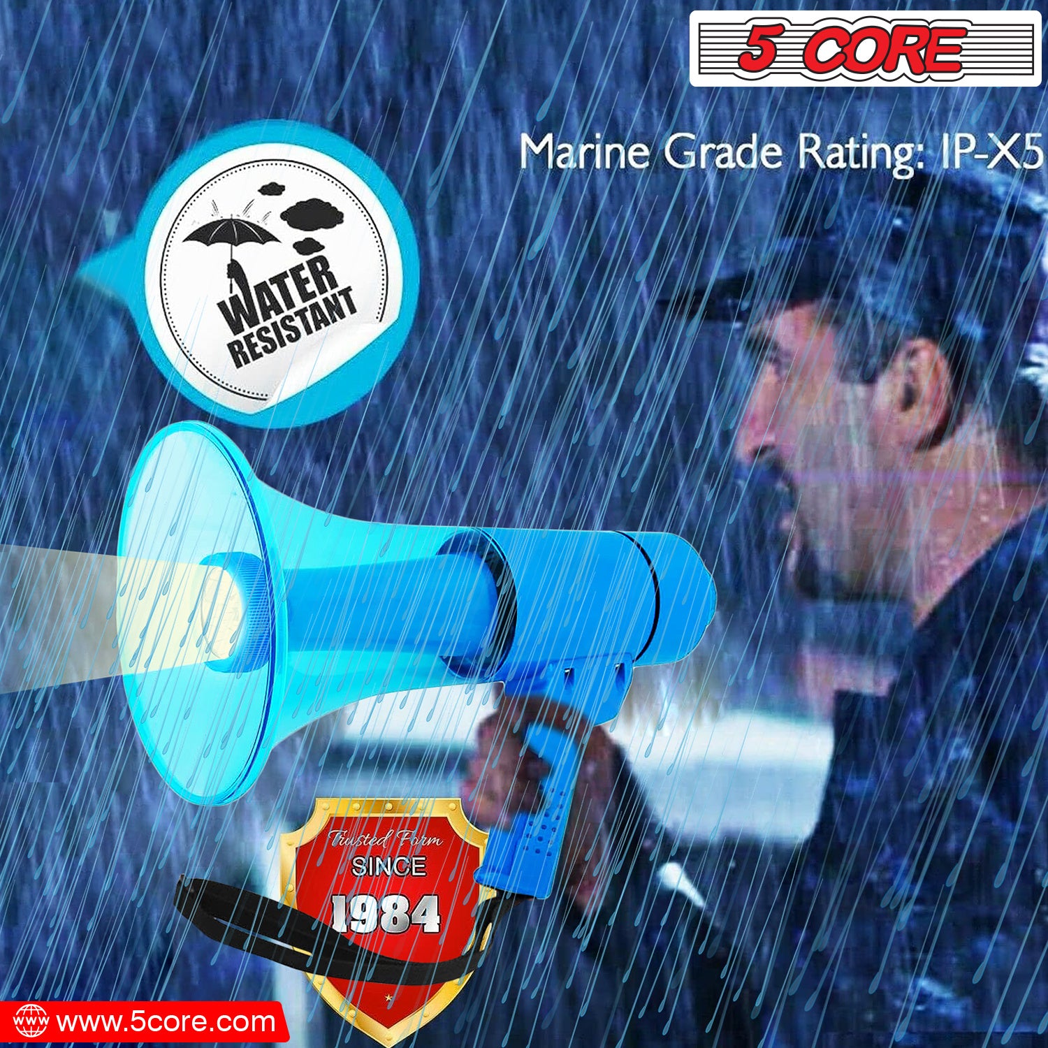 5 CORE 40W Waterproof Megaphone Bullhorn Flashlight PRO Fire Army Grade - Battery + LED Light + Adj Volume + Siren Handheld Lightweight for Water Sports Boat Speaker-HW 18 WP