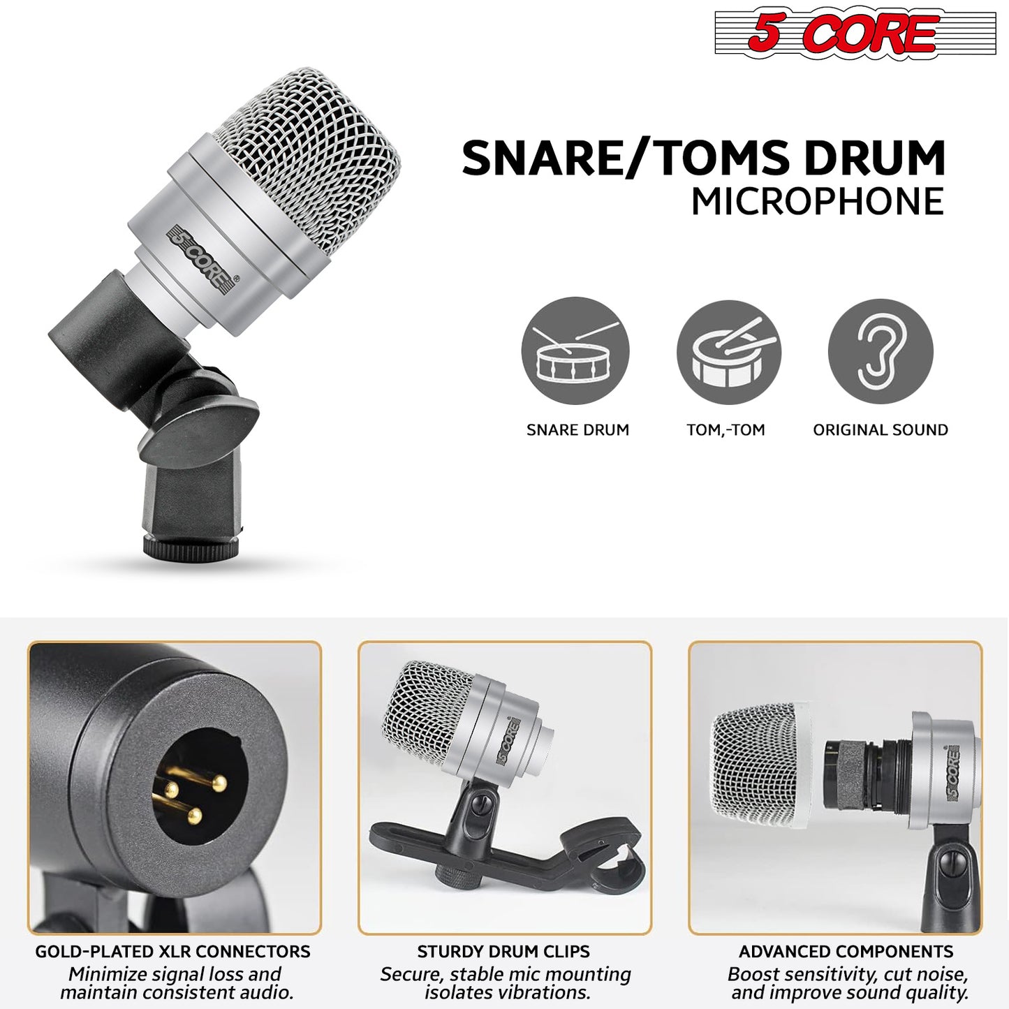 5 Core Drum Microphone Kit 7 Piece Full Metal Dynamic Wired Drums Mic Set for Drummers w Bass Tom Snare + Carrying Case Sponge & Mic Clamp for Vocal & Other Instrument Silver DM 7ACC